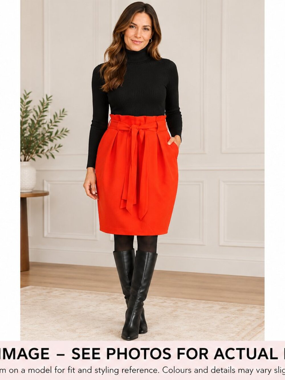 Women's Red Tie-Waist Paperbag Skirt
